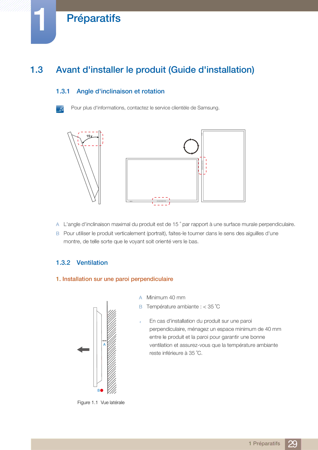 Samsung LH40ARPLBC/EN manual Avant dinstaller le produit Guide dinstallation, Angle dinclinaison et rotation, Ventilation 