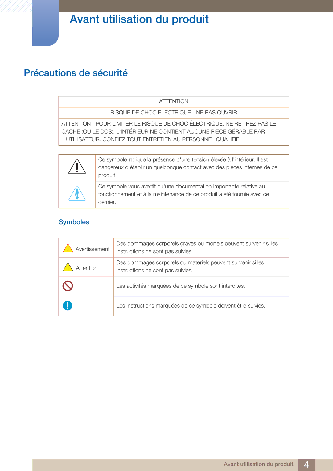 Samsung LH40ARPLBC/EN manual Précautions de sécurité, Symboles 