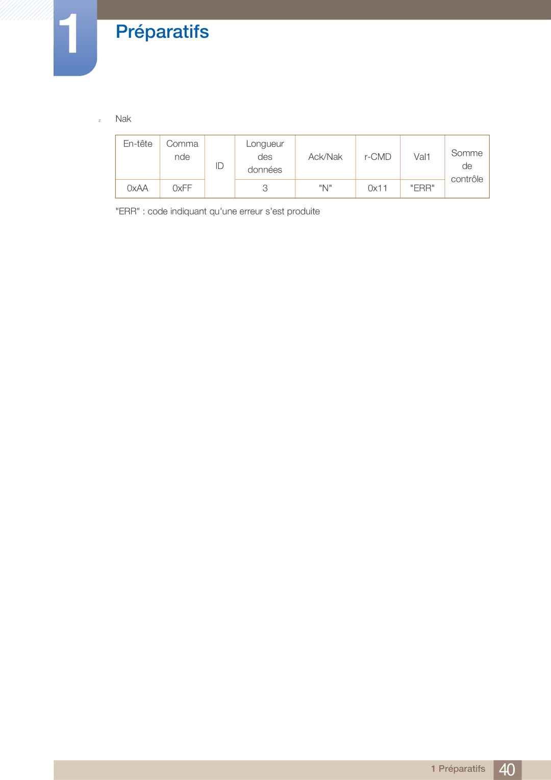 Samsung LH40ARPLBC/EN manual Nak En-tête Comma Longueur Somme Nde Des 