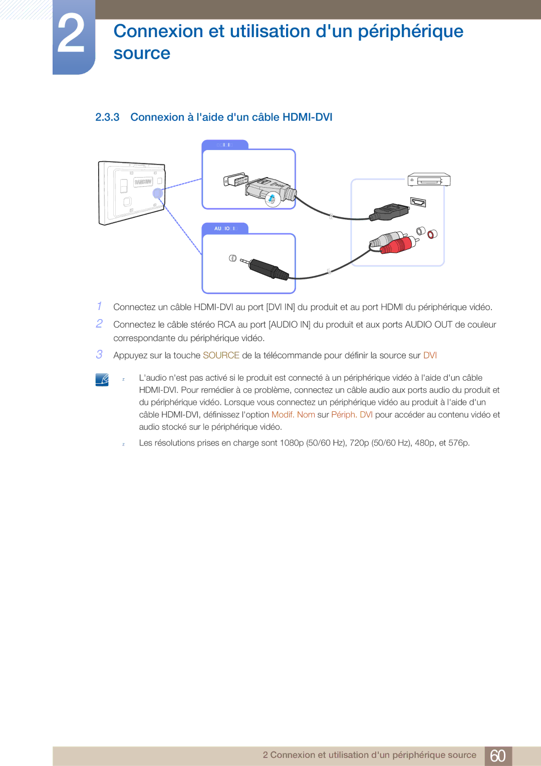 Samsung LH40ARPLBC/EN manual Connexion à laide dun câble HDMI-DVI 