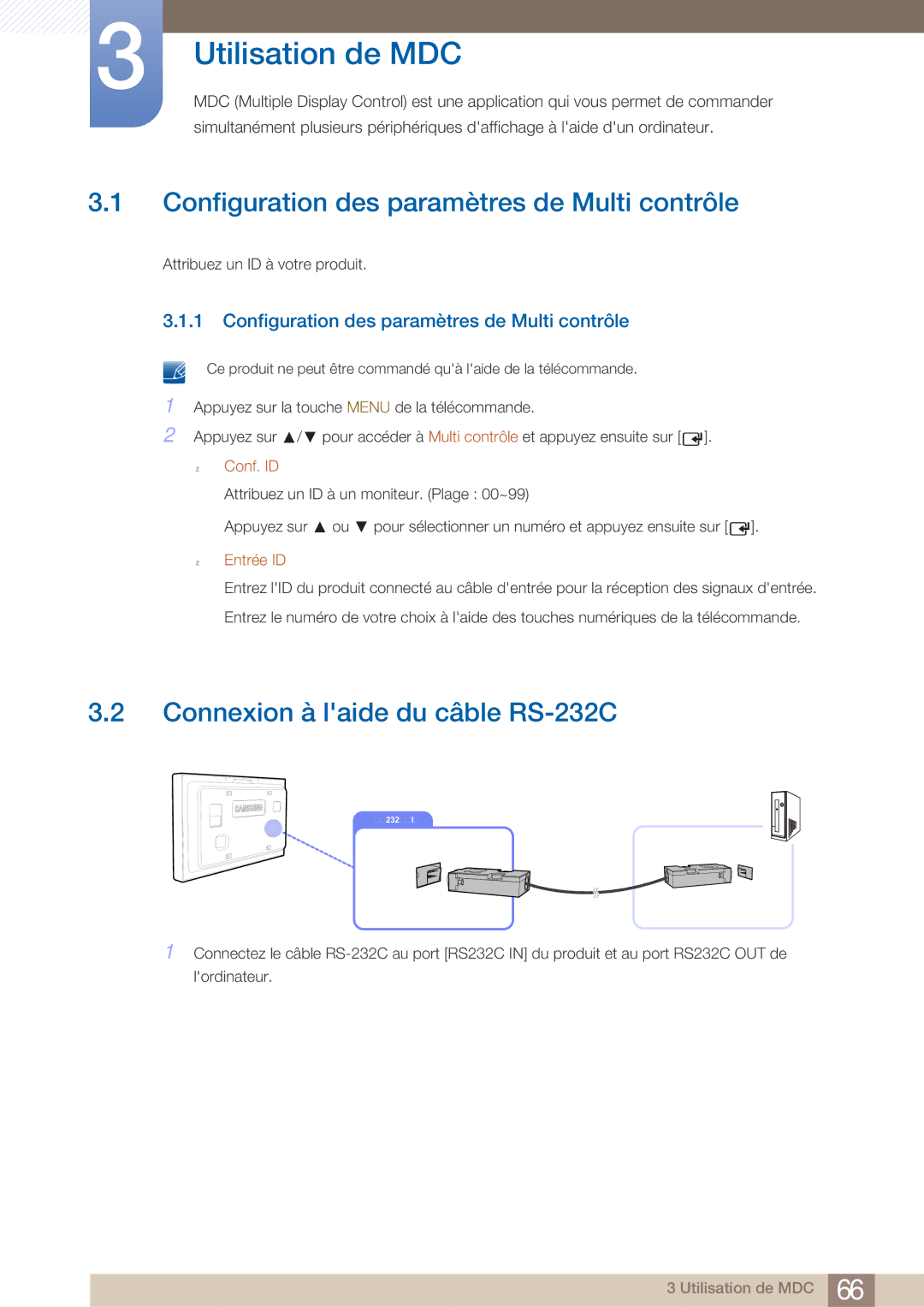 Samsung LH40ARPLBC/EN manual Configuration des paramètres de Multi contrôle, Connexion à laide du câble RS-232C, Conf. ID 