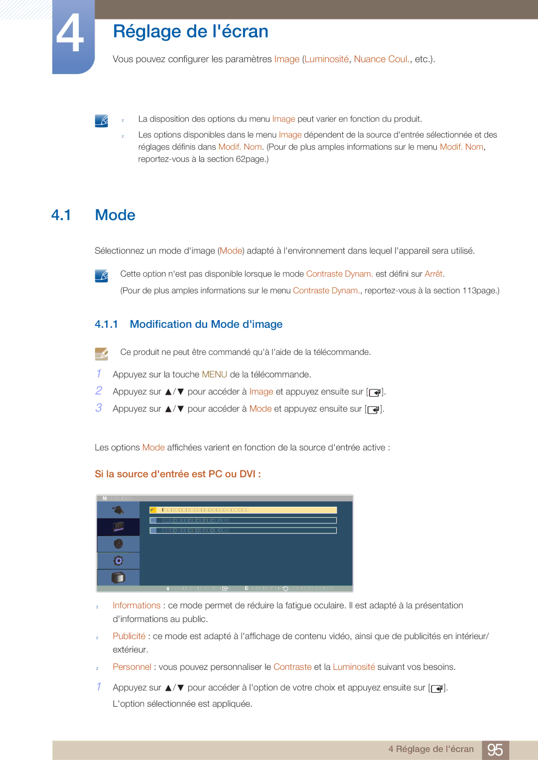 Samsung LH40ARPLBC/EN manual Modification du Mode dimage, Si la source dentrée est PC ou DVI 