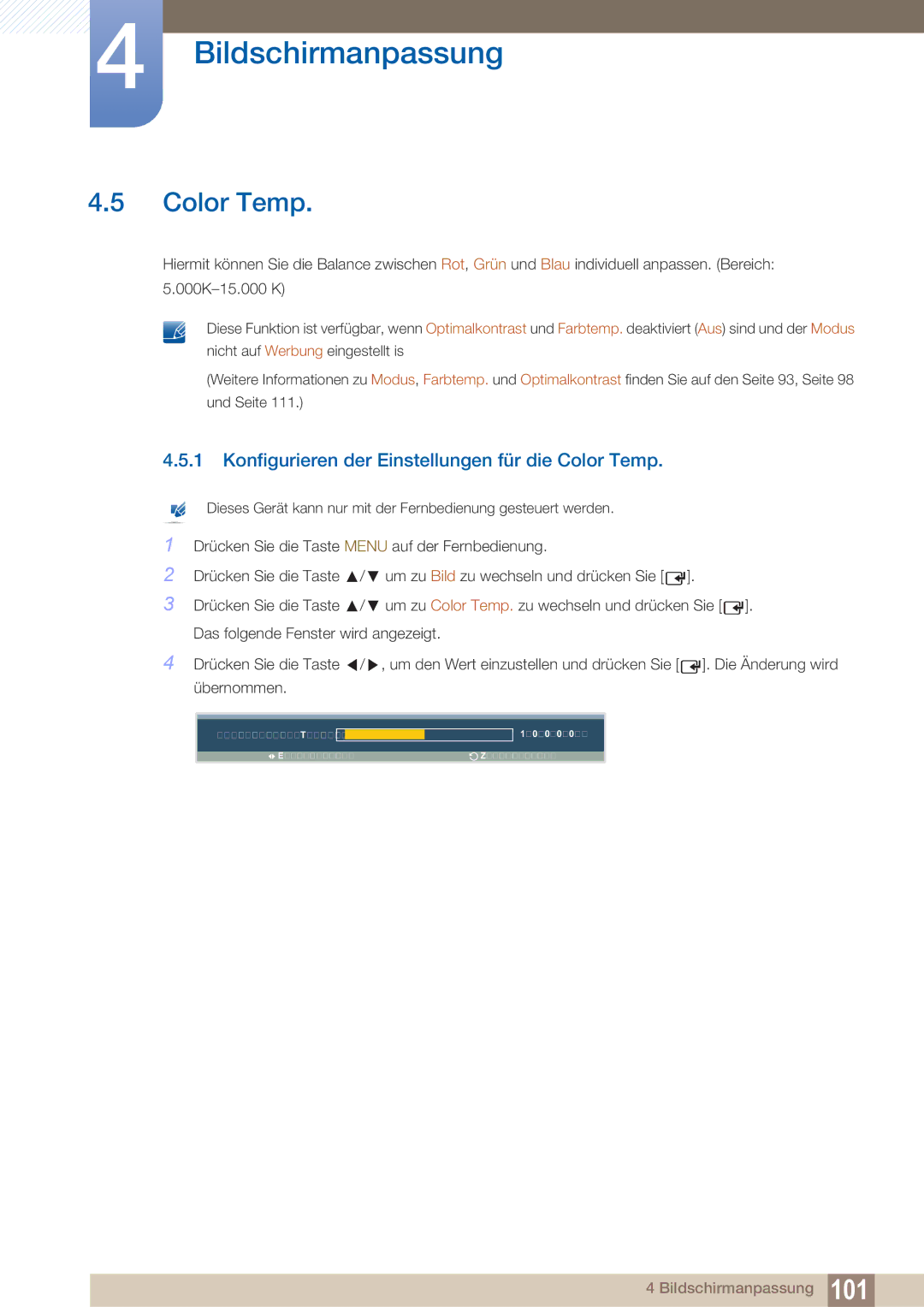 Samsung LH40ARPLBC/EN manual Konfigurieren der Einstellungen für die Color Temp 