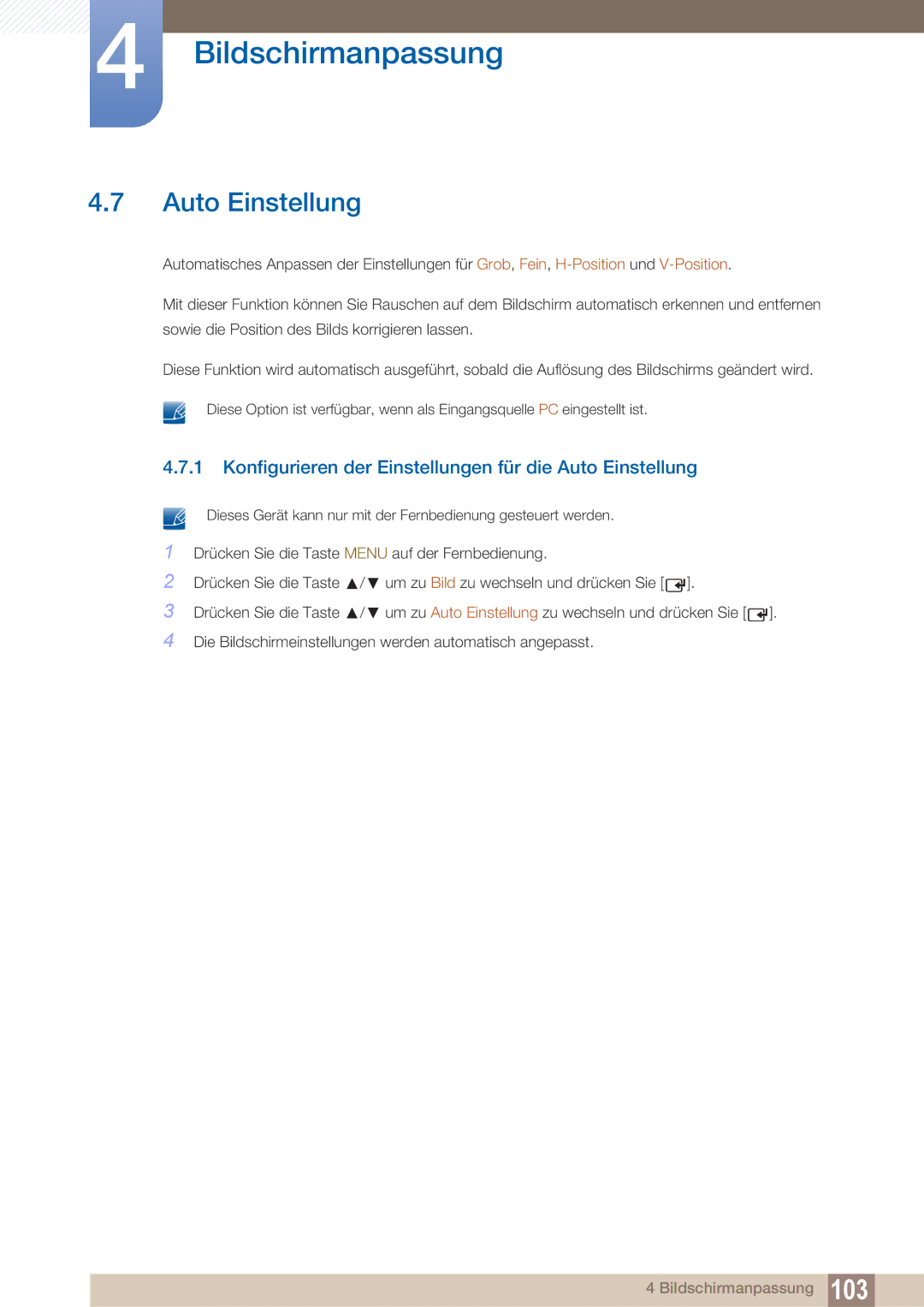 Samsung LH40ARPLBC/EN manual Konfigurieren der Einstellungen für die Auto Einstellung 