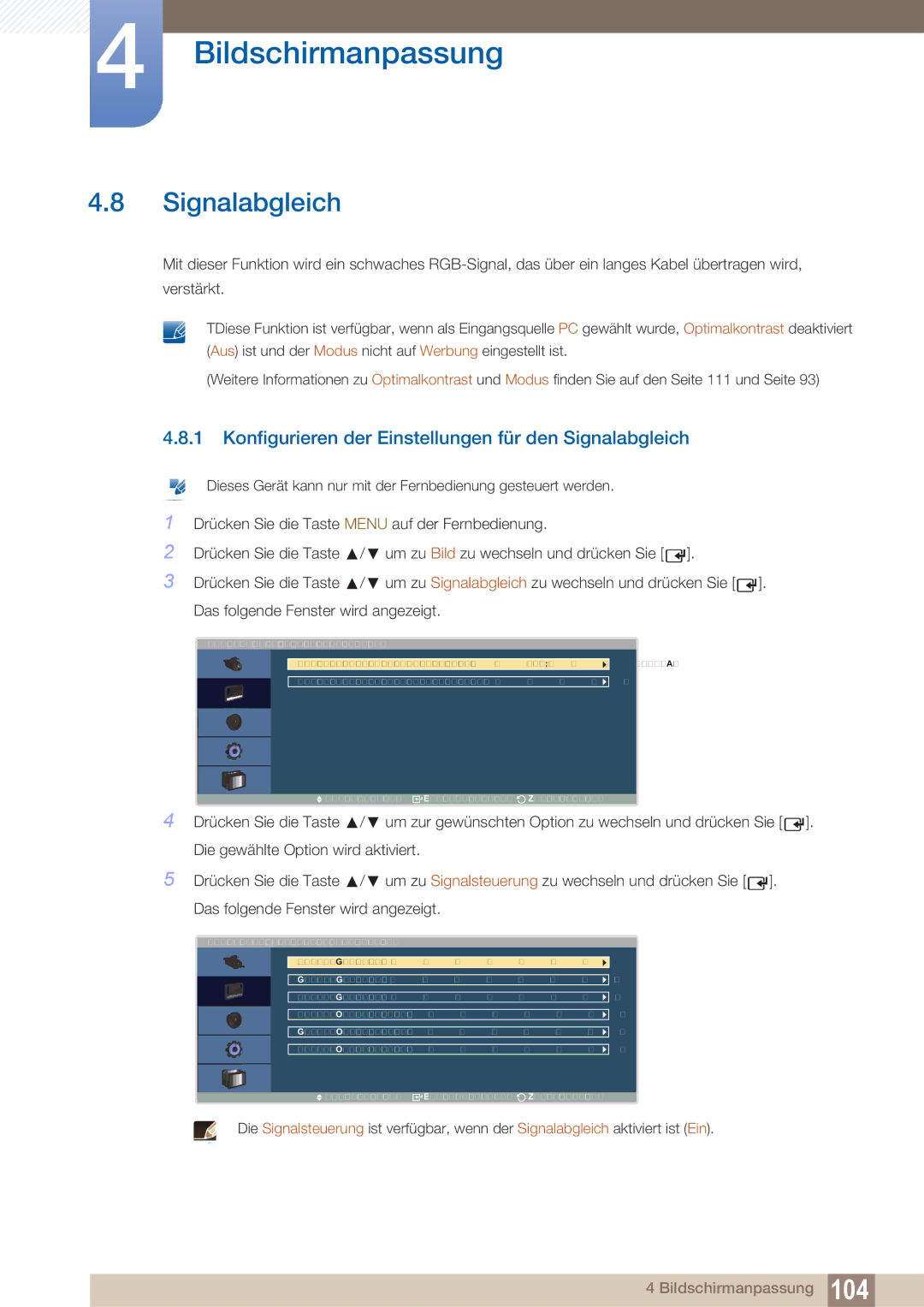 Samsung LH40ARPLBC/EN manual Konfigurieren der Einstellungen für den Signalabgleich 