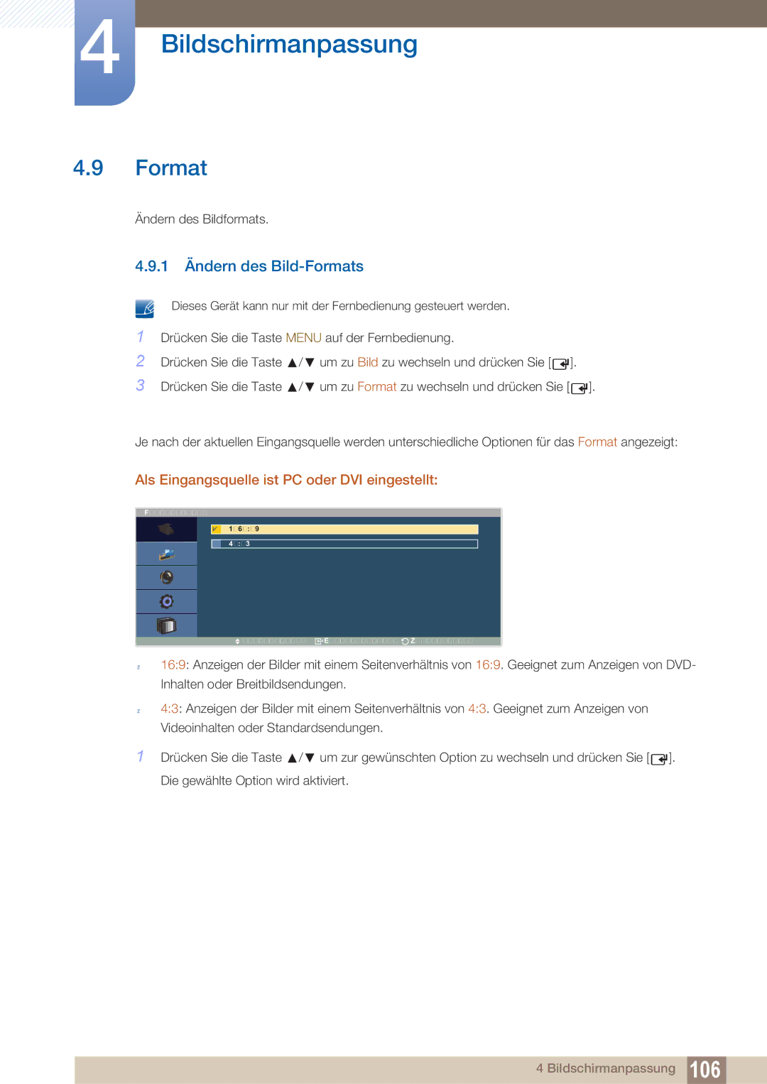 Samsung LH40ARPLBC/EN manual 1 Ändern des Bild-Formats 