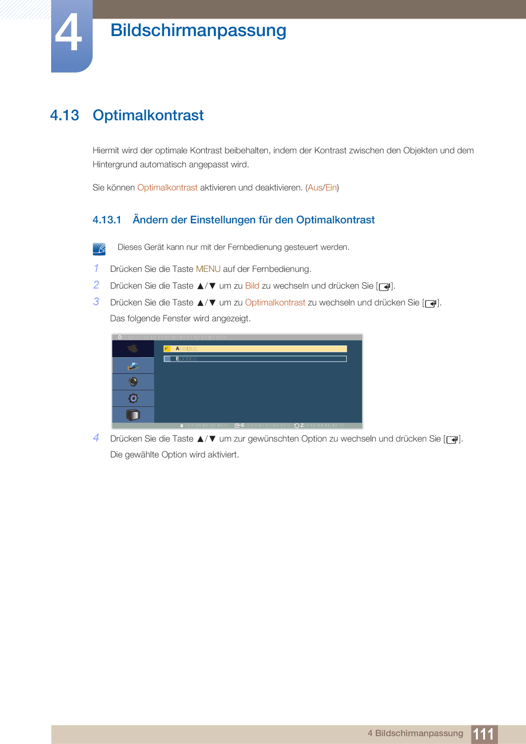 Samsung LH40ARPLBC/EN manual 13.1 Ändern der Einstellungen für den Optimalkontrast 