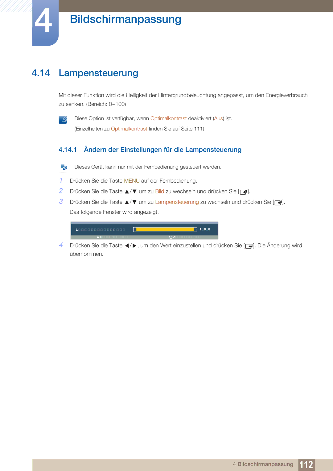 Samsung LH40ARPLBC/EN manual 14.1 Ändern der Einstellungen für die Lampensteuerung 