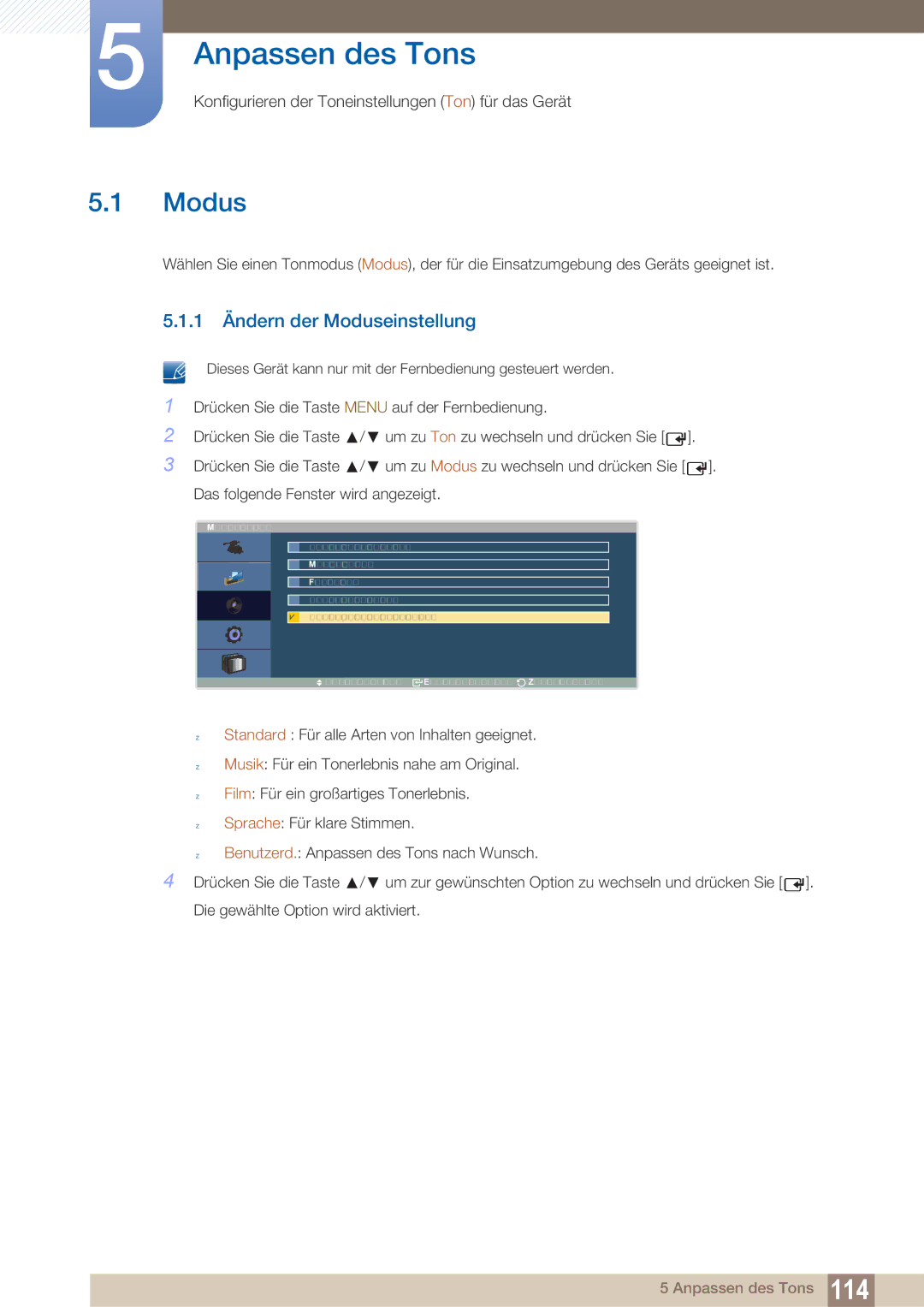 Samsung LH40ARPLBC/EN manual Anpassen des Tons, 1 Ändern der Moduseinstellung 