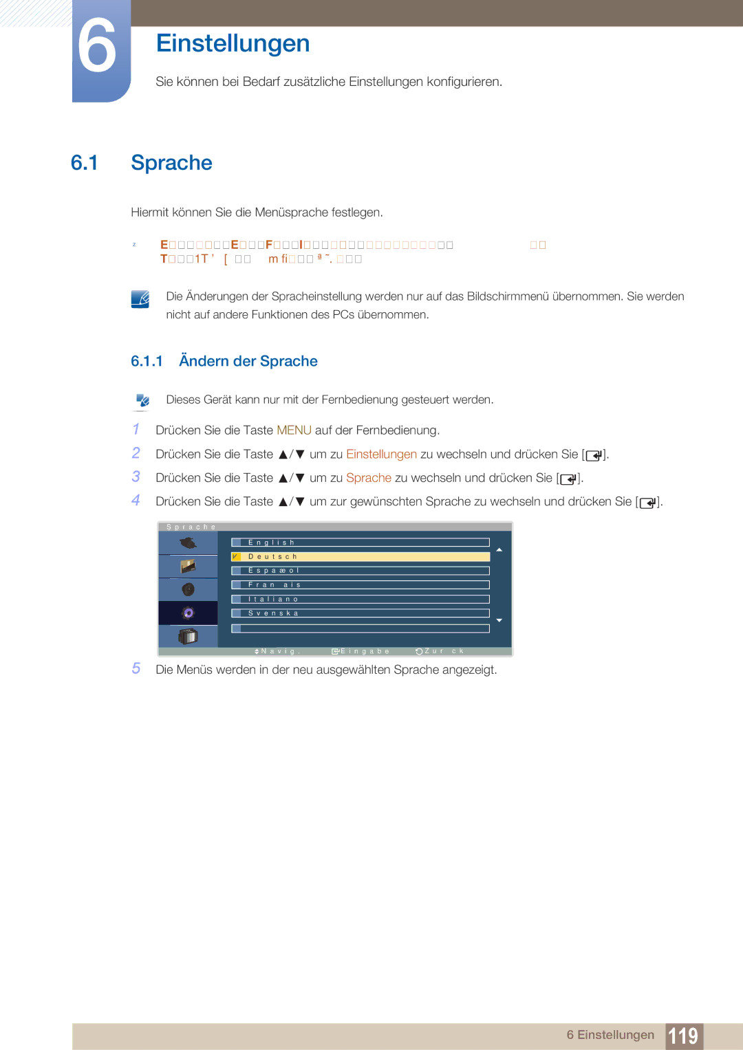 Samsung LH40ARPLBC/EN manual 1 Ändern der Sprache 