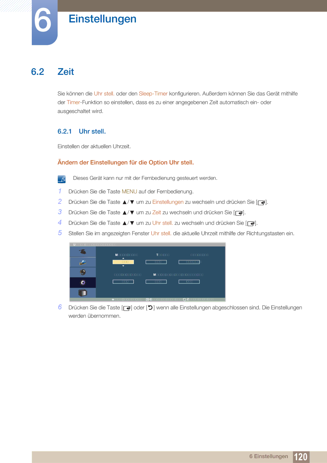 Samsung LH40ARPLBC/EN manual Zeit, Ändern der Einstellungen für die Option Uhr stell 