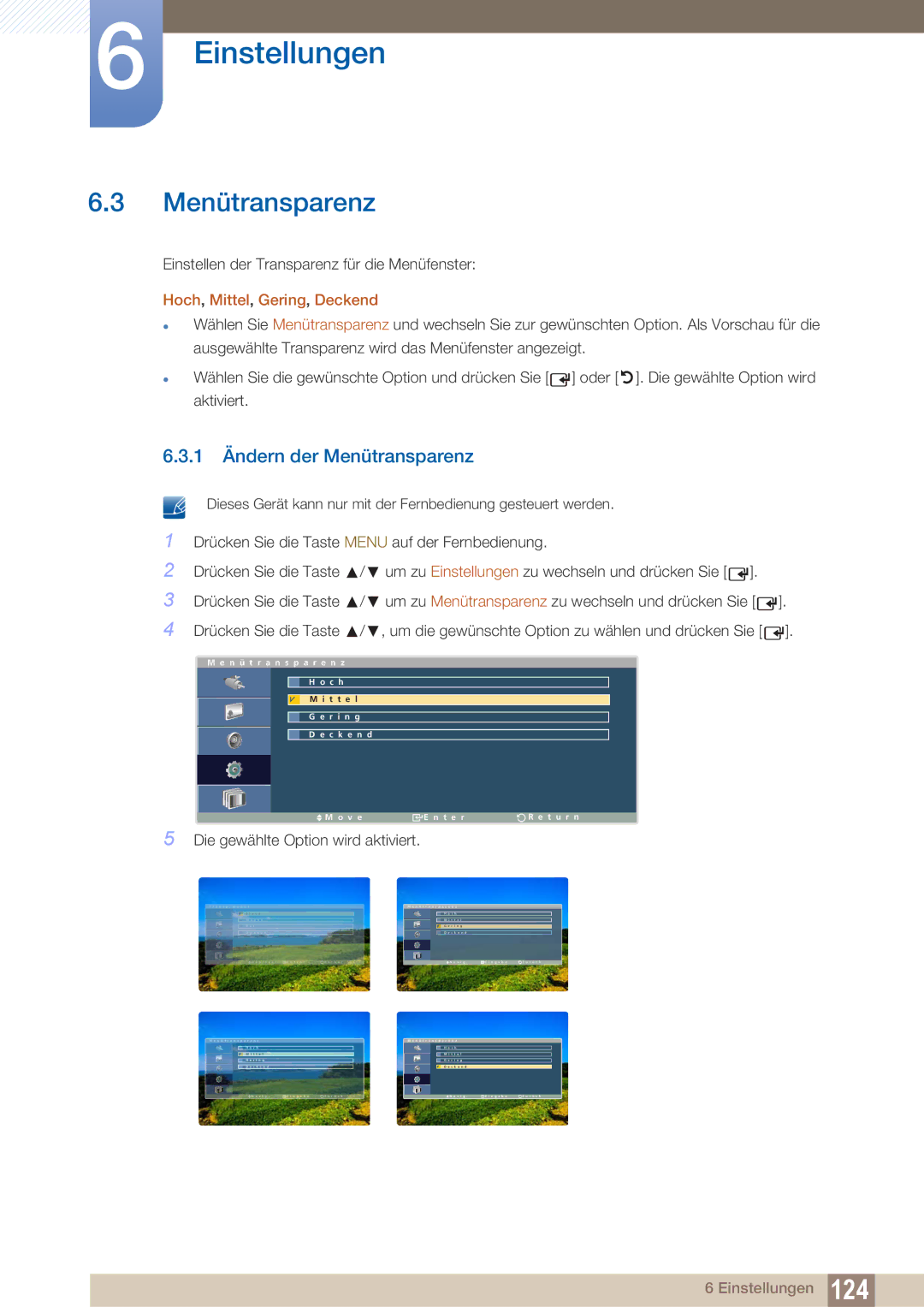 Samsung LH40ARPLBC/EN manual 1 Ändern der Menütransparenz, Hoch, Mittel, Gering, Deckend 