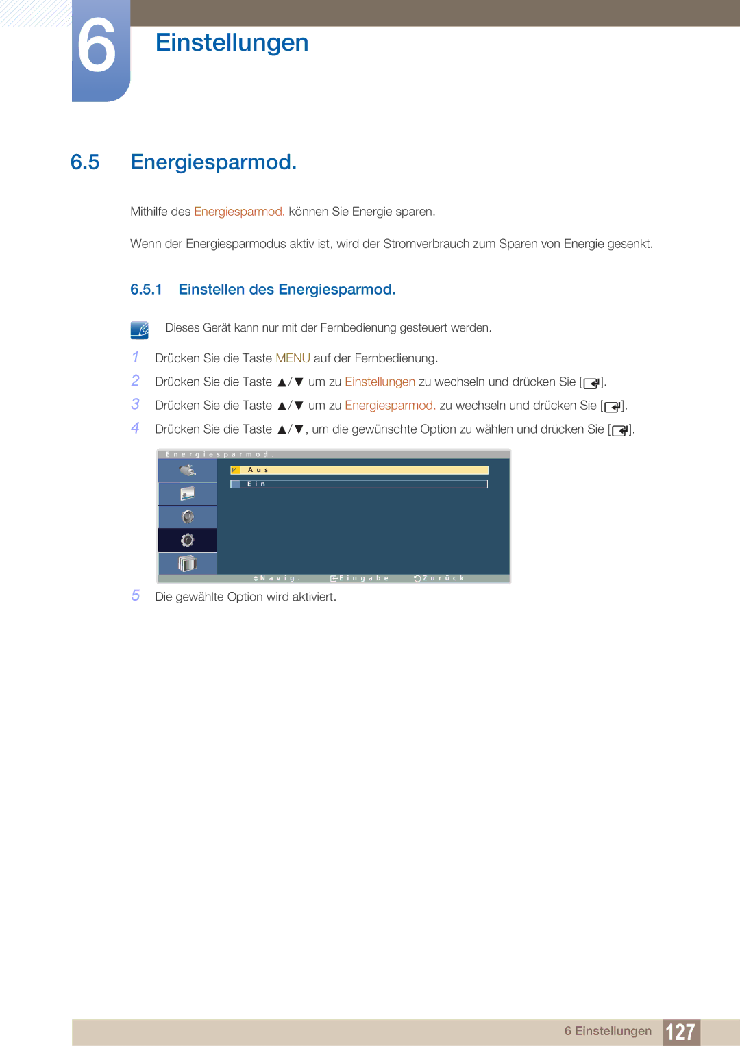 Samsung LH40ARPLBC/EN manual Einstellen des Energiesparmod 