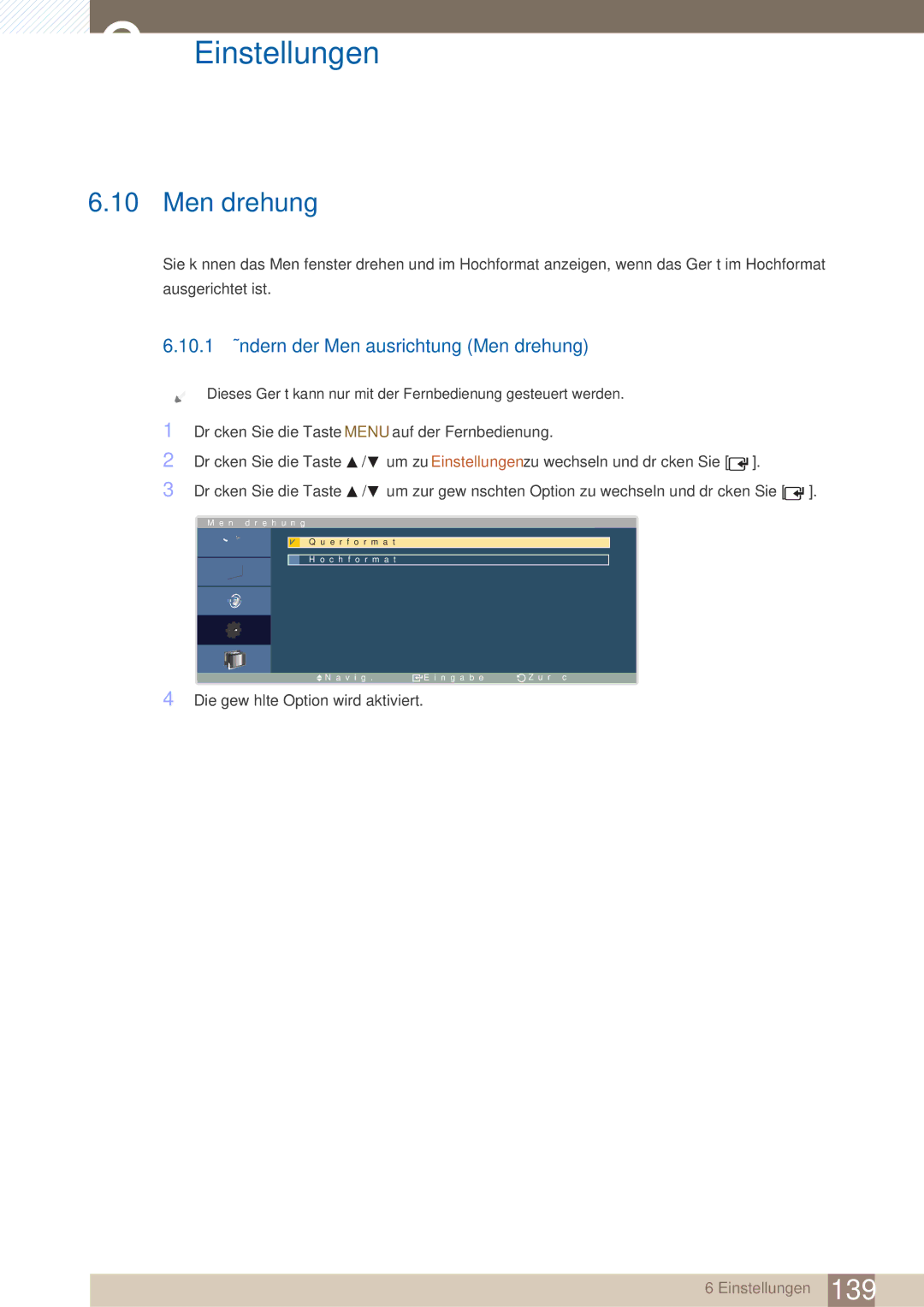 Samsung LH40ARPLBC/EN manual 10 Menüdrehung, 10.1 Ändern der Menüausrichtung Menüdrehung 