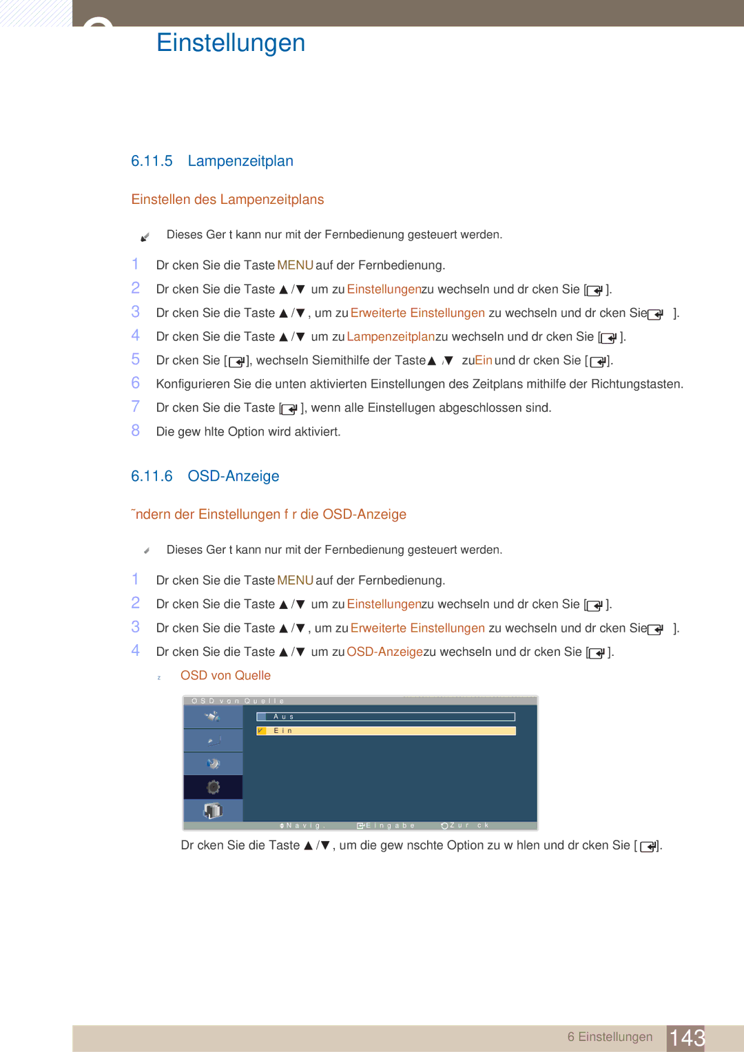 Samsung LH40ARPLBC/EN Einstellen des Lampenzeitplans, Ändern der Einstellungen für die OSD-Anzeige, OSD von Quelle 