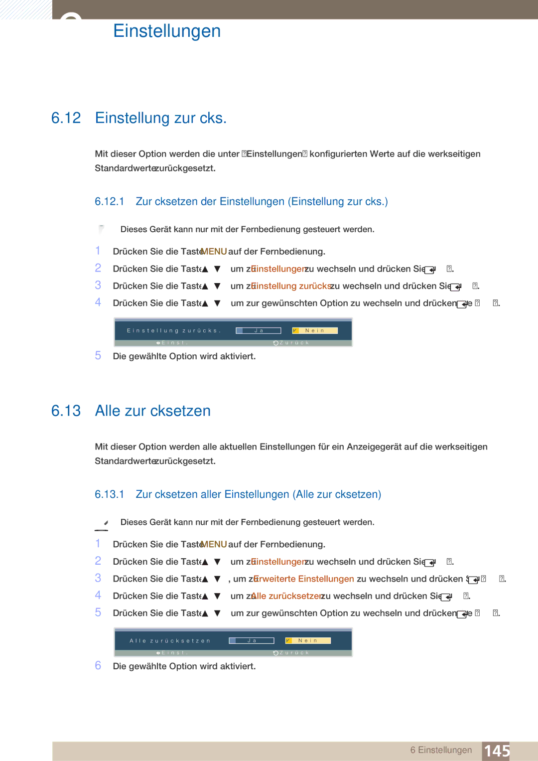 Samsung LH40ARPLBC/EN manual Alle zurücksetzen, 12.1 Zurücksetzen der Einstellungen Einstellung zurücks 