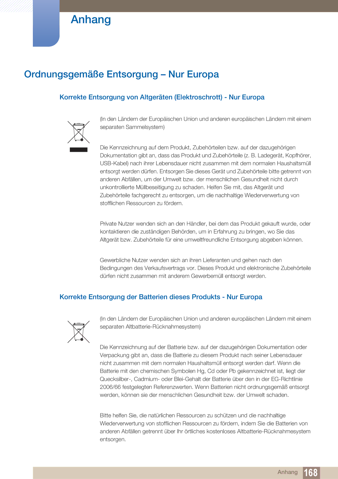 Samsung LH40ARPLBC/EN Ordnungsgemäße Entsorgung Nur Europa, Korrekte Entsorgung von Altgeräten Elektroschrott Nur Europa 