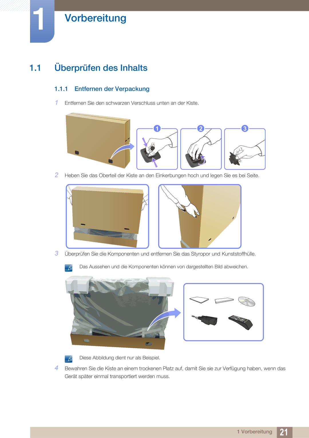 Samsung LH40ARPLBC/EN manual Überprüfen des Inhalts, Entfernen der Verpackung 