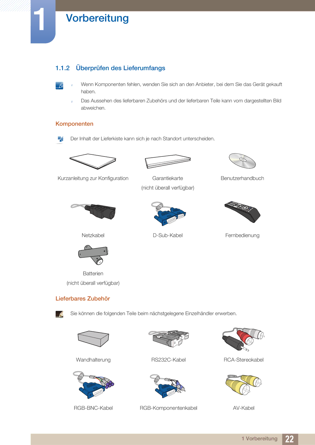 Samsung LH40ARPLBC/EN manual 2 Überprüfen des Lieferumfangs, Komponenten, Lieferbares Zubehör 