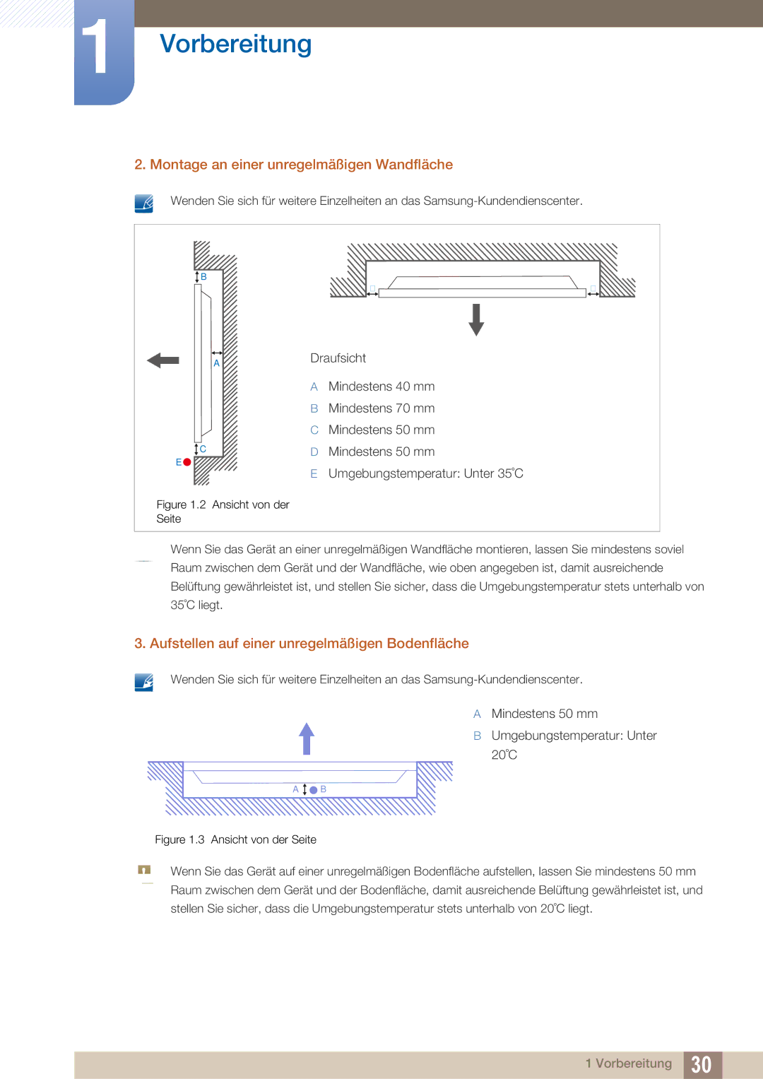 Samsung LH40ARPLBC/EN manual Montage an einer unregelmäßigen Wandfläche, Aufstellen auf einer unregelmäßigen Bodenfläche 