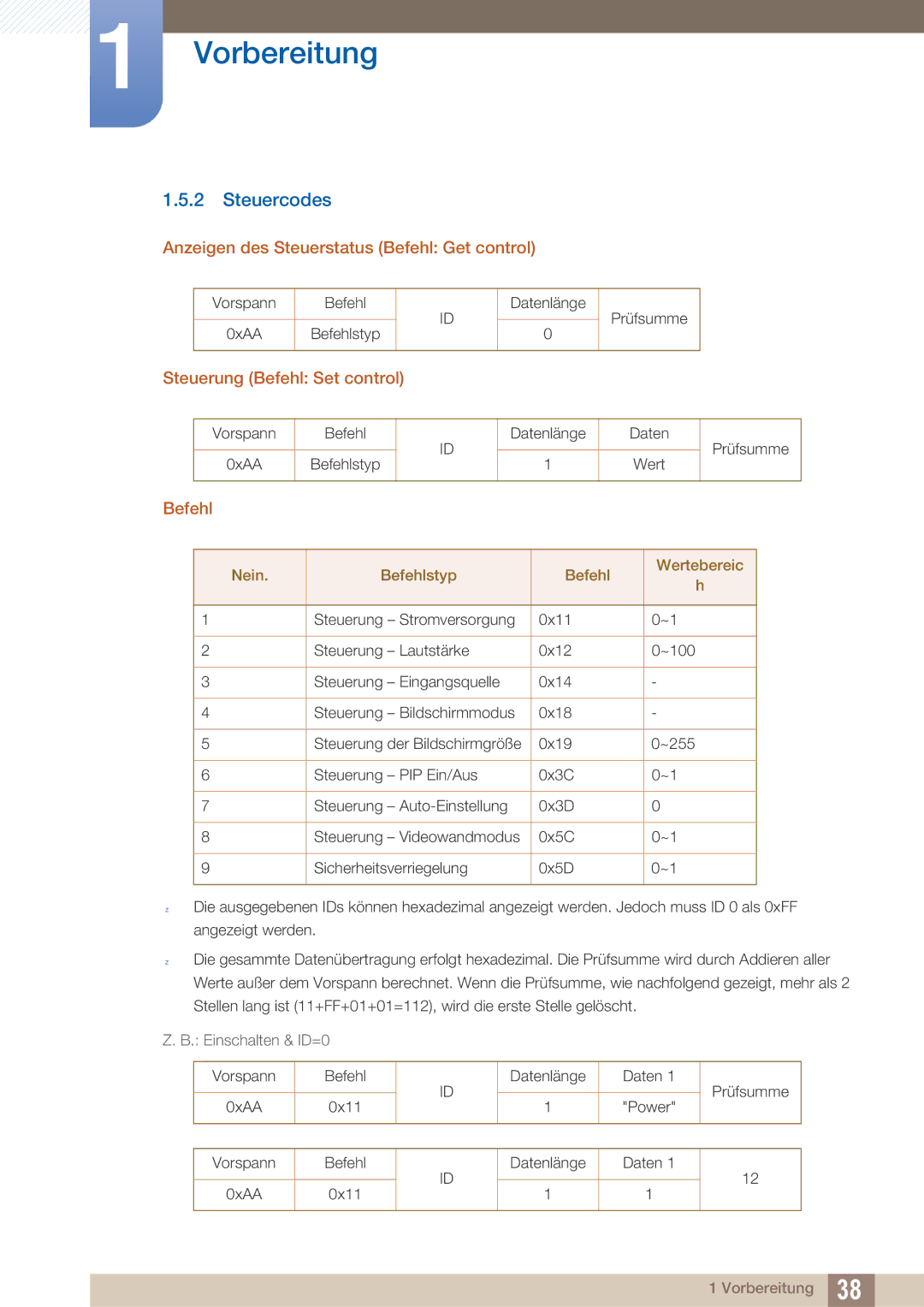 Samsung LH40ARPLBC/EN manual Steuercodes, Anzeigen des Steuerstatus Befehl Get control, Steuerung Befehl Set control 