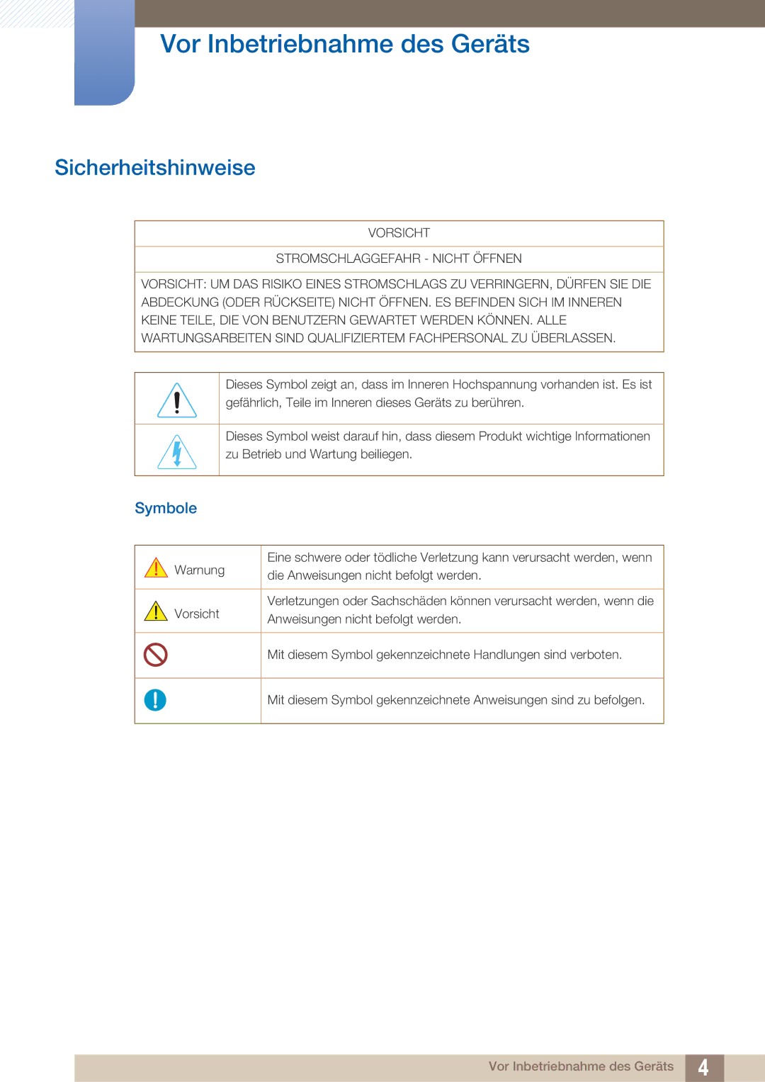 Samsung LH40ARPLBC/EN manual Sicherheitshinweise, Symbole 