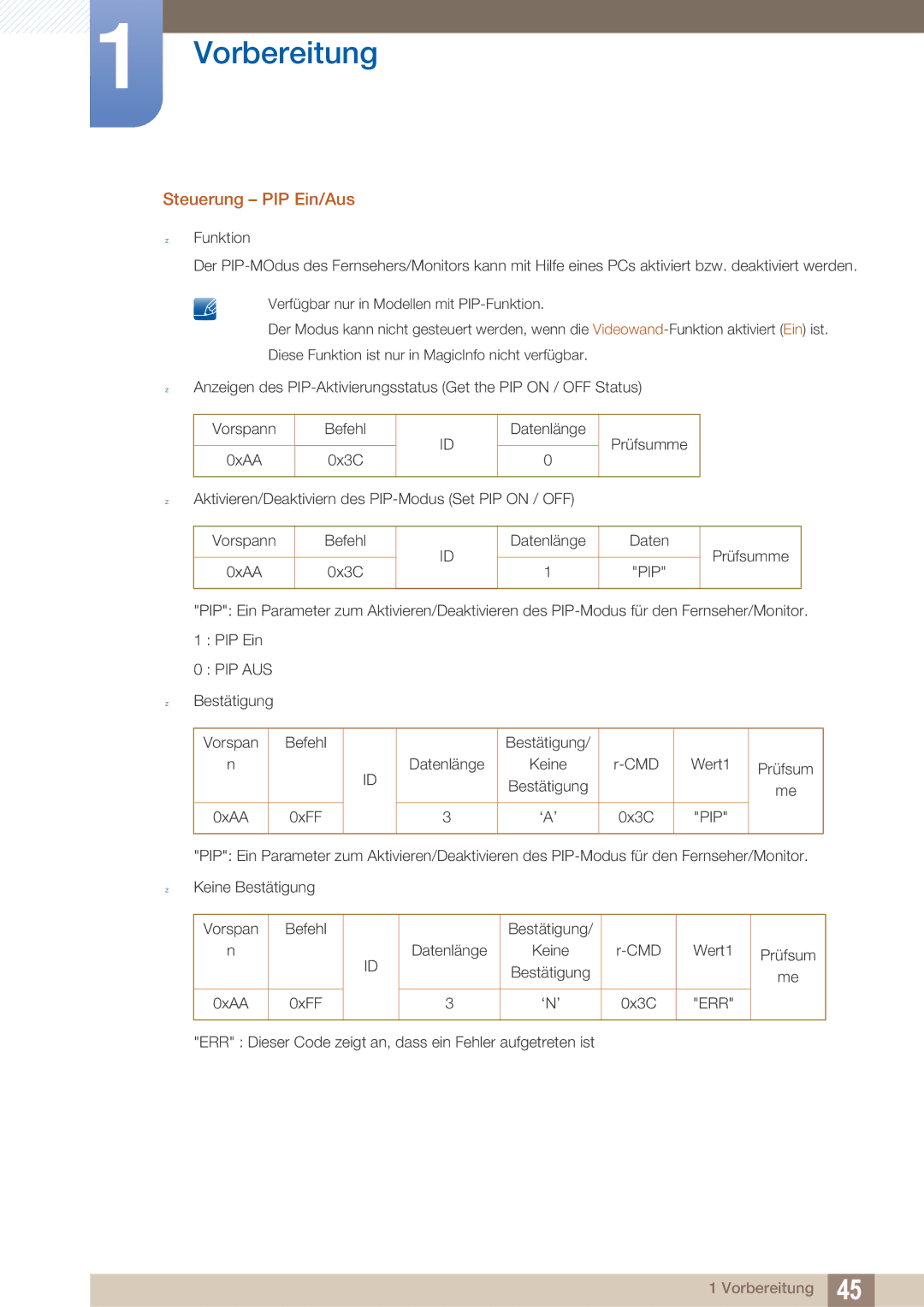 Samsung LH40ARPLBC/EN manual Steuerung PIP Ein/Aus, Pip Aus 