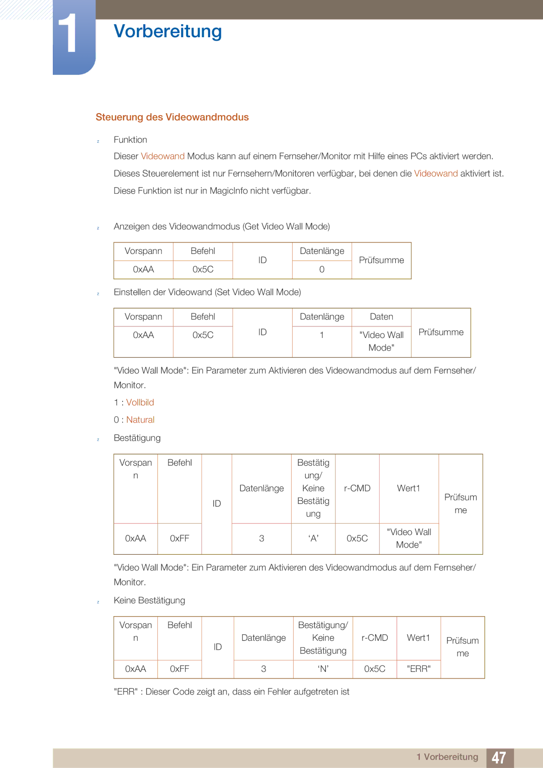 Samsung LH40ARPLBC/EN manual Steuerung des Videowandmodus, Vollbild Natural 