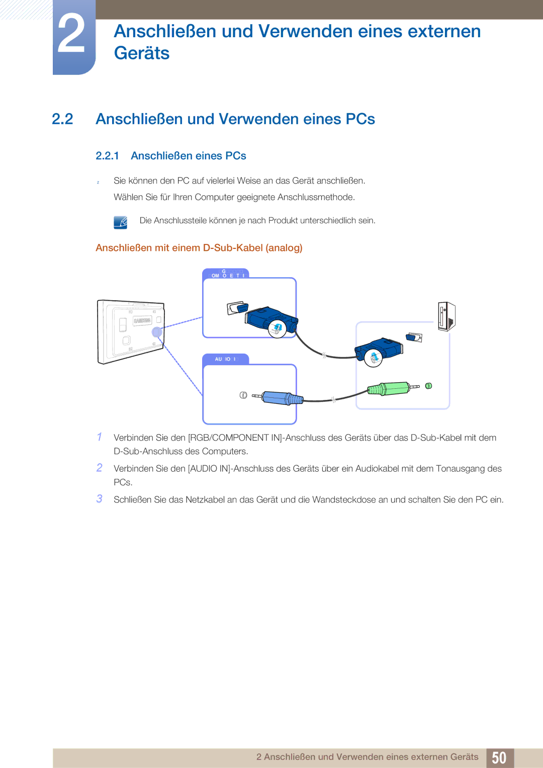 Samsung LH40ARPLBC/EN Anschließen und Verwenden eines PCs, Anschließen eines PCs, Anschließen mit einem D-Sub-Kabel analog 