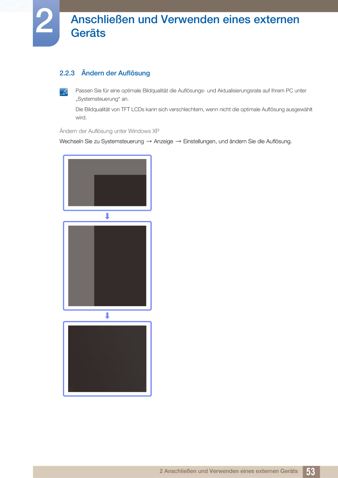 Samsung LH40ARPLBC/EN manual 3 Ändern der Auflösung, Ändern der Auflösung unter Windows XP 