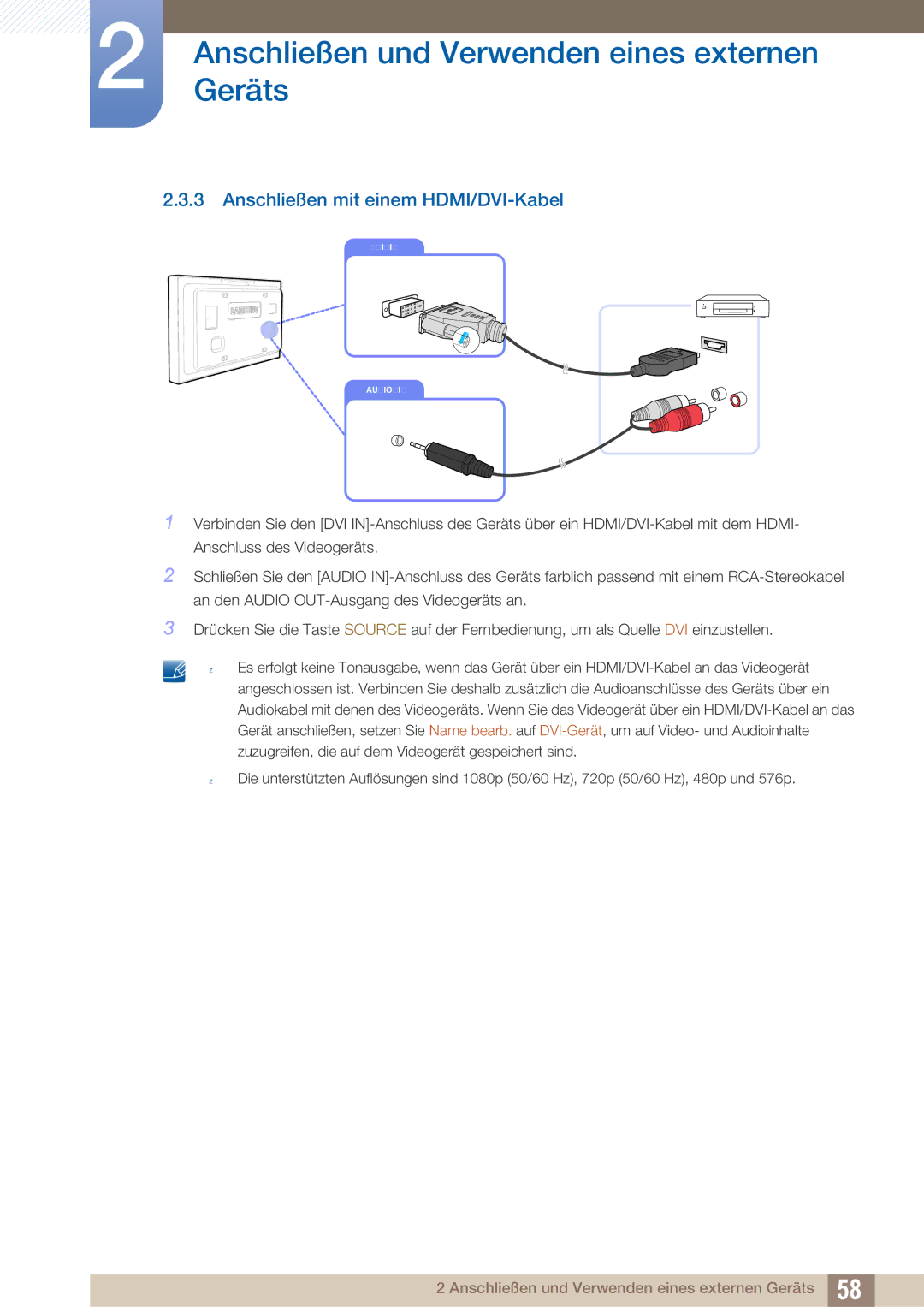 Samsung LH40ARPLBC/EN manual Anschließen mit einem HDMI/DVI-Kabel 