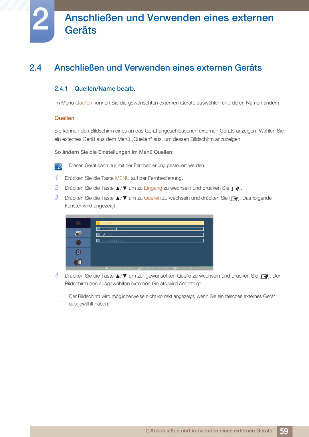 Samsung LH40ARPLBC/EN manual Anschließen und Verwenden eines externen Geräts, Quellen/Name bearb 