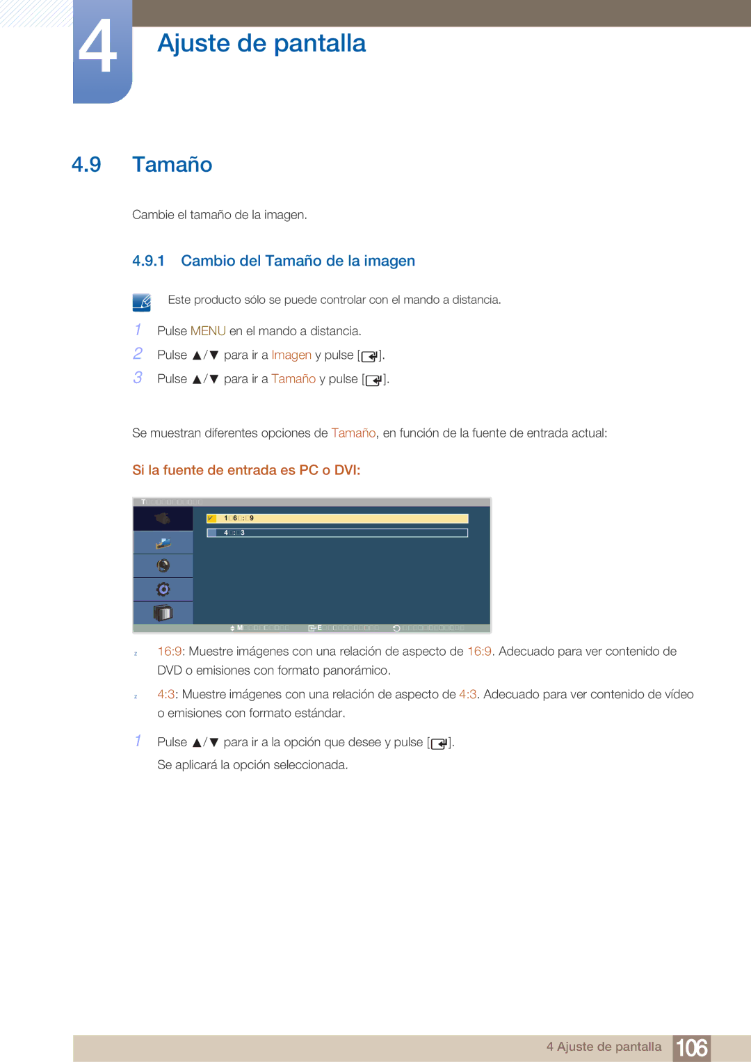 Samsung LH40ARPLBC/EN manual Cambio del Tamaño de la imagen 