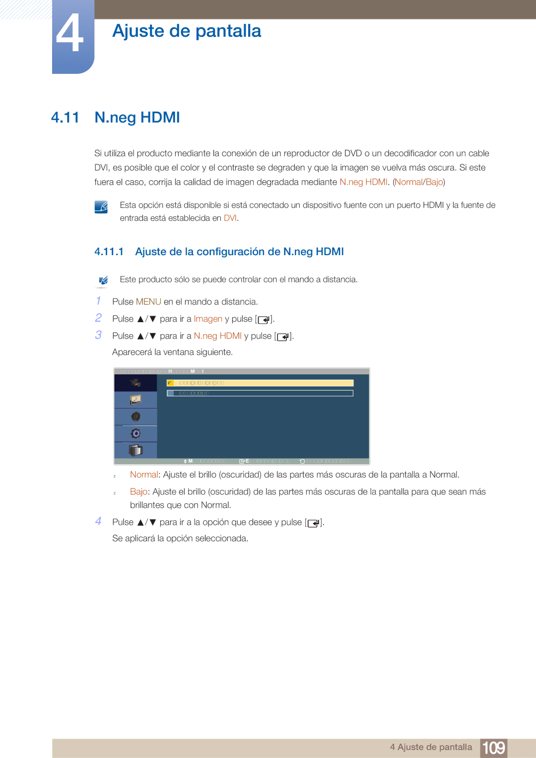 Samsung LH40ARPLBC/EN manual 11 N.neg Hdmi, Ajuste de la configuración de N.neg Hdmi 