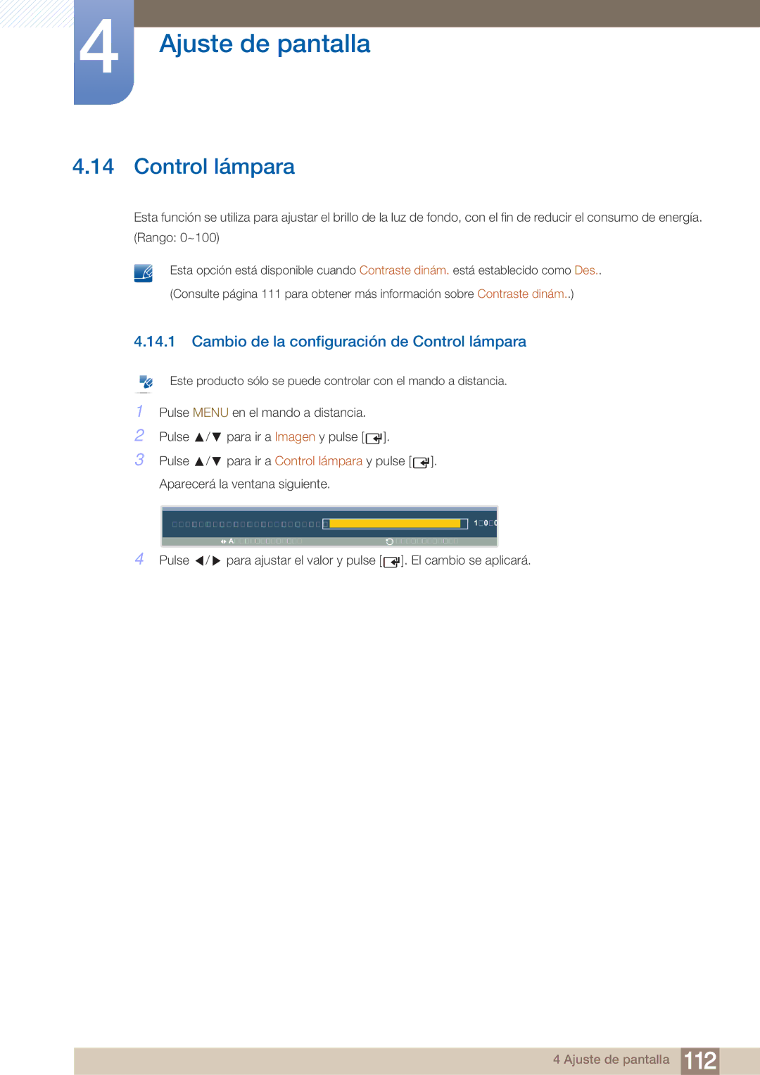 Samsung LH40ARPLBC/EN manual Cambio de la configuración de Control lámpara 