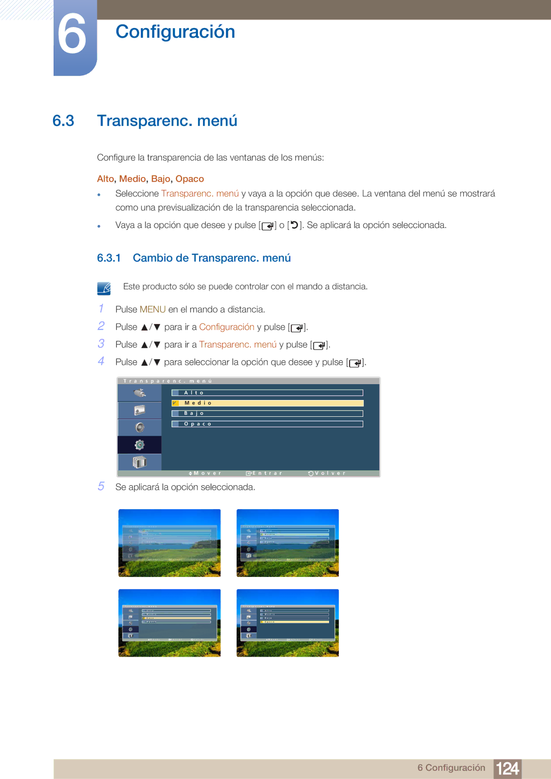 Samsung LH40ARPLBC/EN manual Cambio de Transparenc. menú, Alto, Medio, Bajo, Opaco 