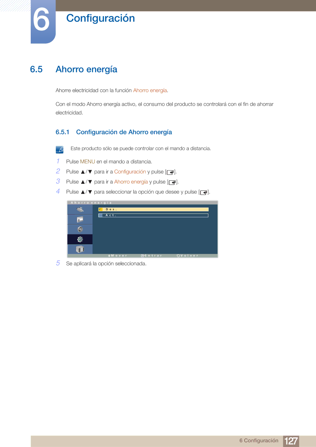 Samsung LH40ARPLBC/EN manual Configuración de Ahorro energía 