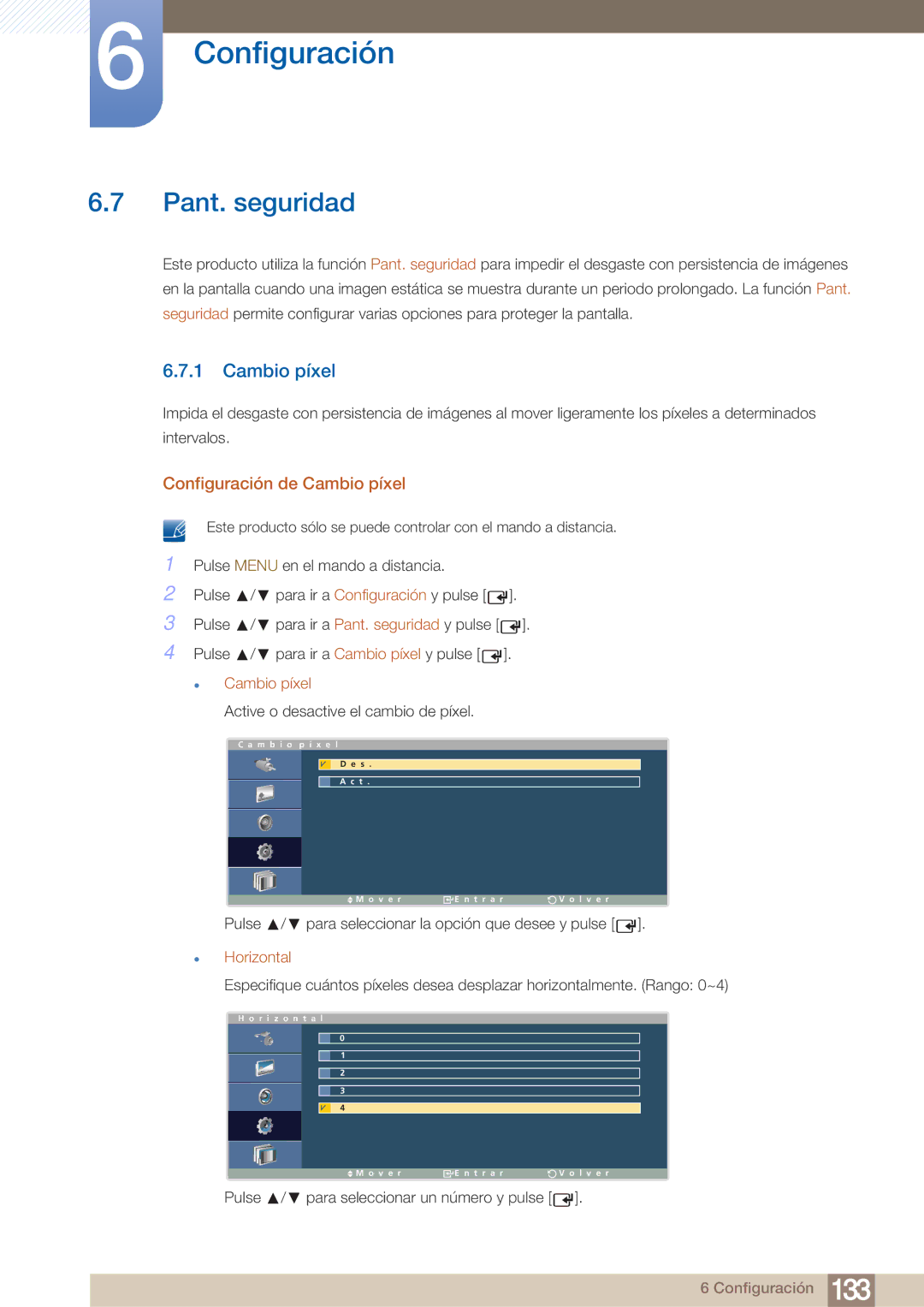 Samsung LH40ARPLBC/EN manual Pant. seguridad, Configuración de Cambio píxel, Horizontal 