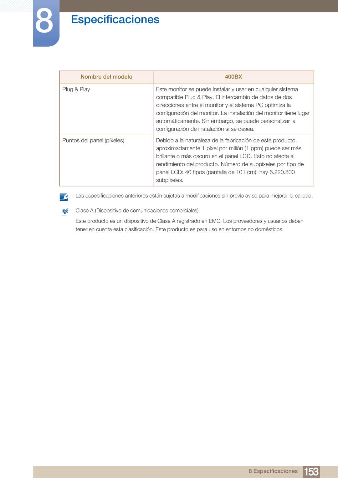 Samsung LH40ARPLBC/EN manual Especificaciones 