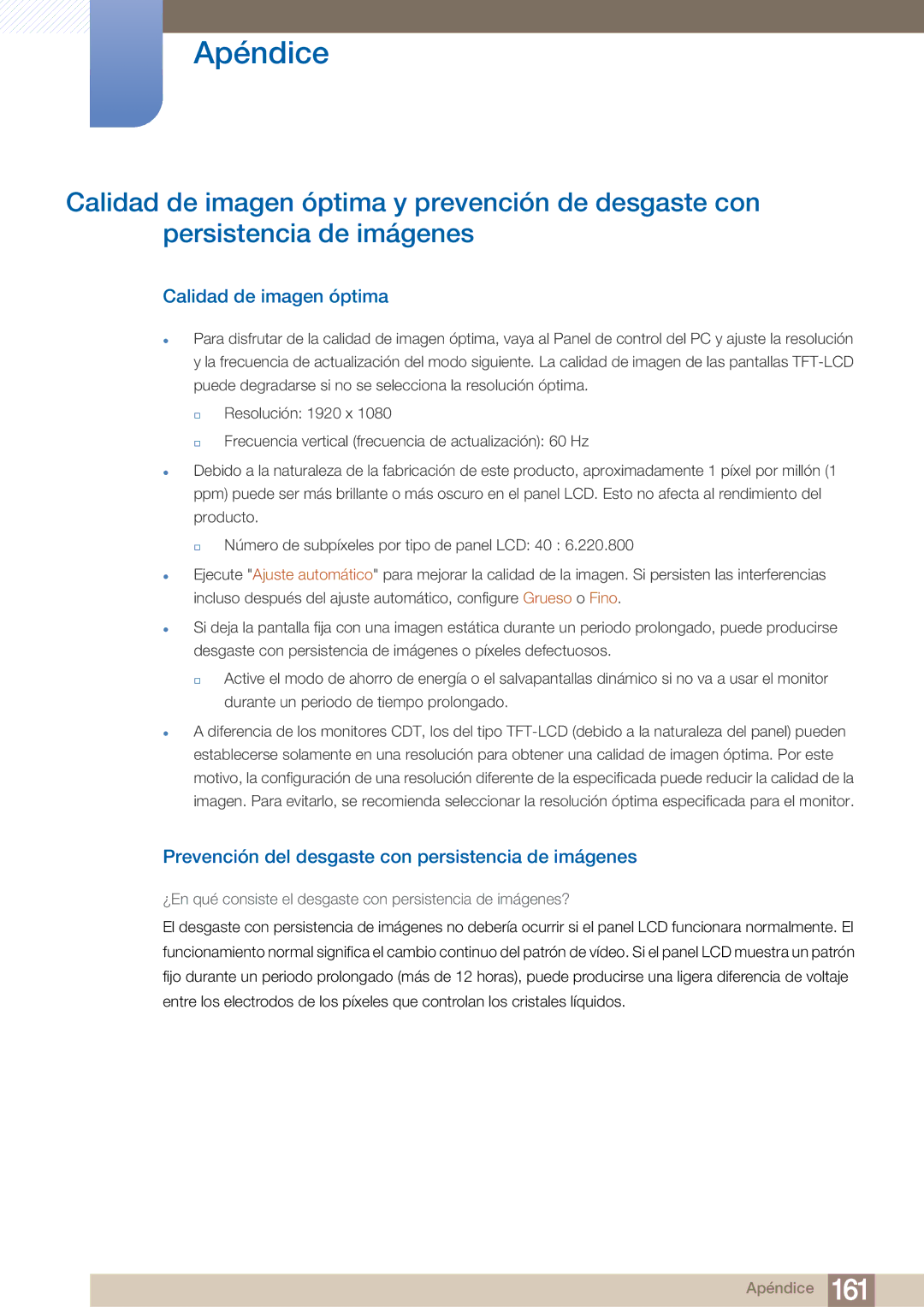 Samsung LH40ARPLBC/EN manual Calidad de imagen óptima, Prevención del desgaste con persistencia de imágenes 