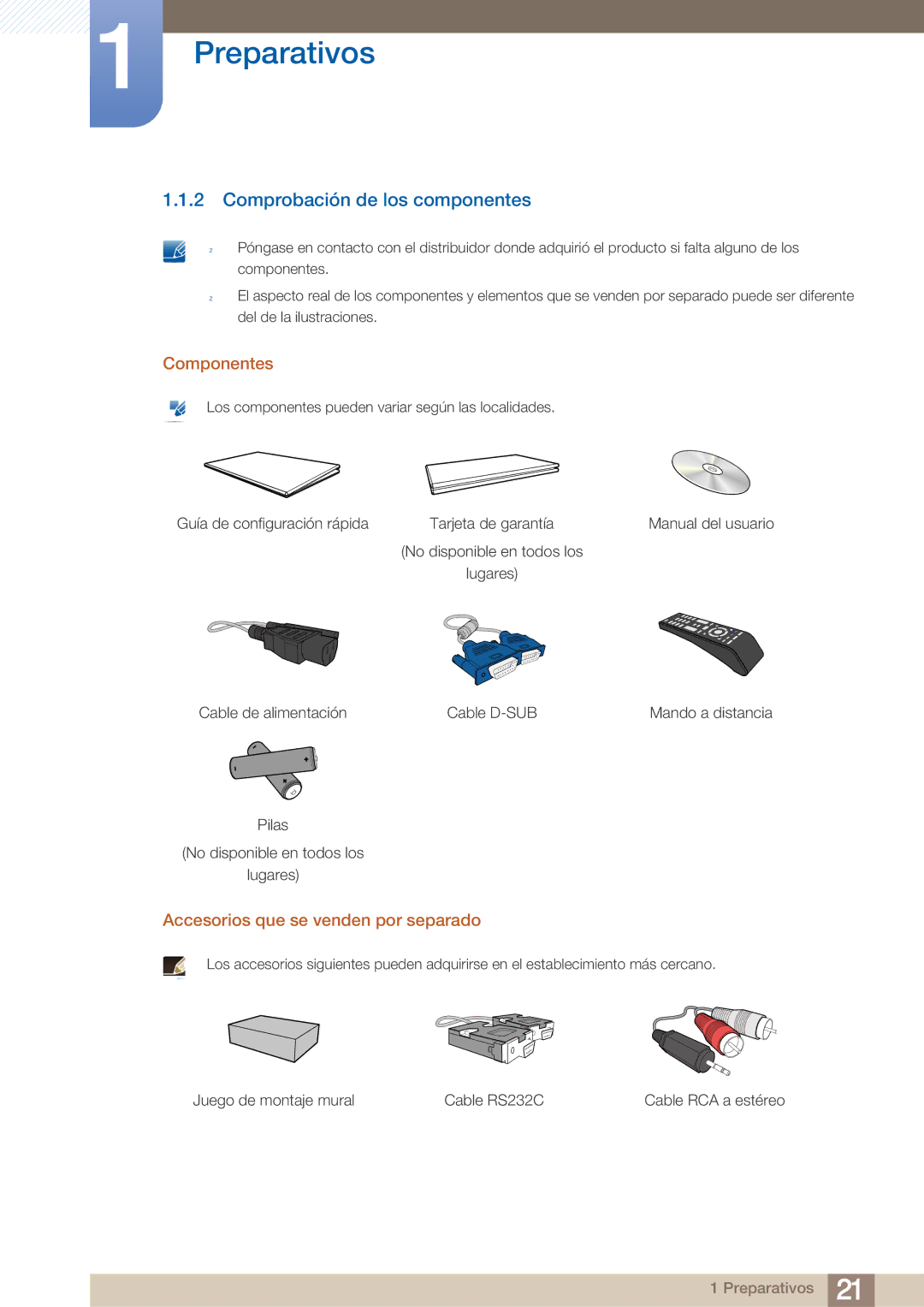 Samsung LH40ARPLBC/EN manual Comprobación de los componentes, Componentes, Accesorios que se venden por separado 