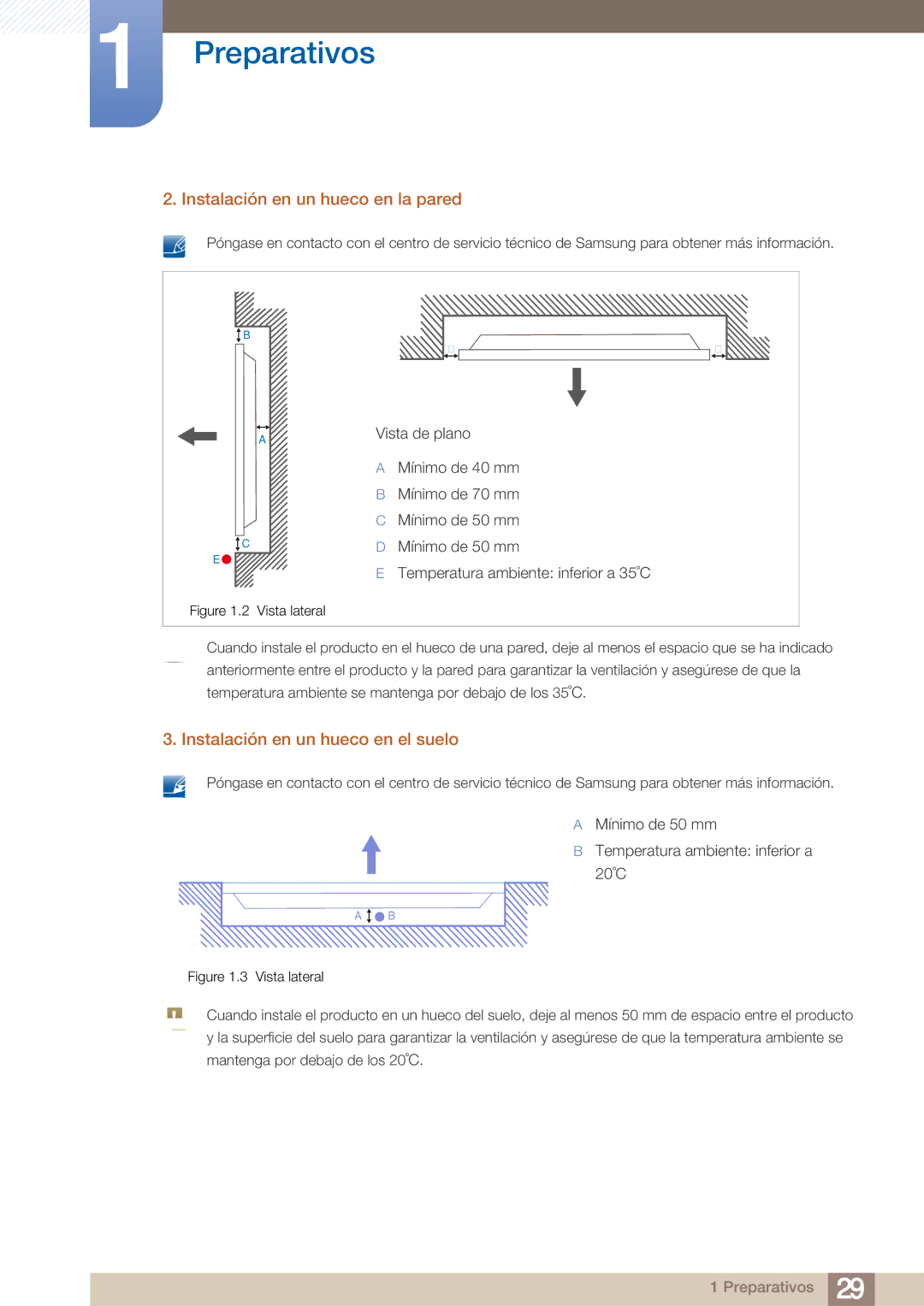 Samsung LH40ARPLBC/EN manual Instalación en un hueco en la pared, Instalación en un hueco en el suelo 