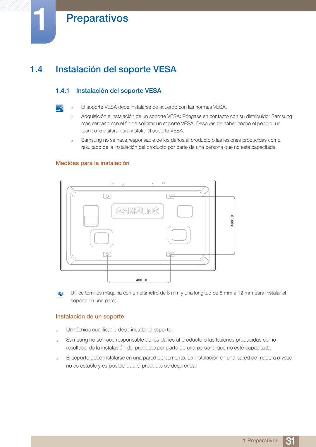 Samsung LH40ARPLBC/EN manual Instalación del soporte Vesa, Medidas para la instalación, Instalación de un soporte 