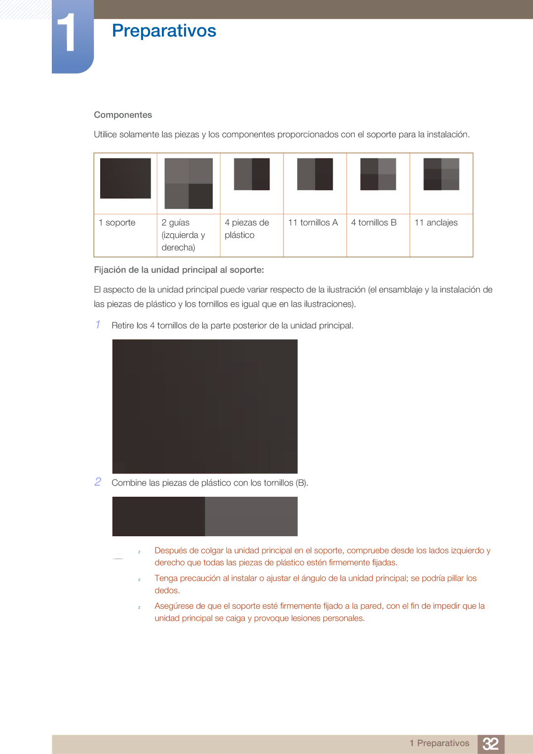 Samsung LH40ARPLBC/EN manual Componentes, Fijación de la unidad principal al soporte 