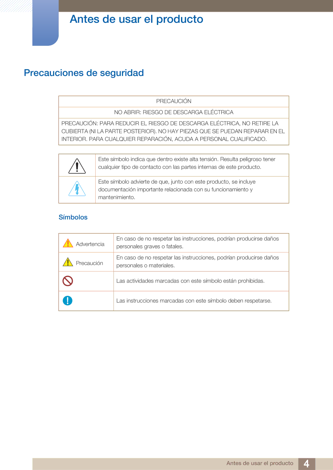 Samsung LH40ARPLBC/EN manual Precauciones de seguridad, Símbolos 