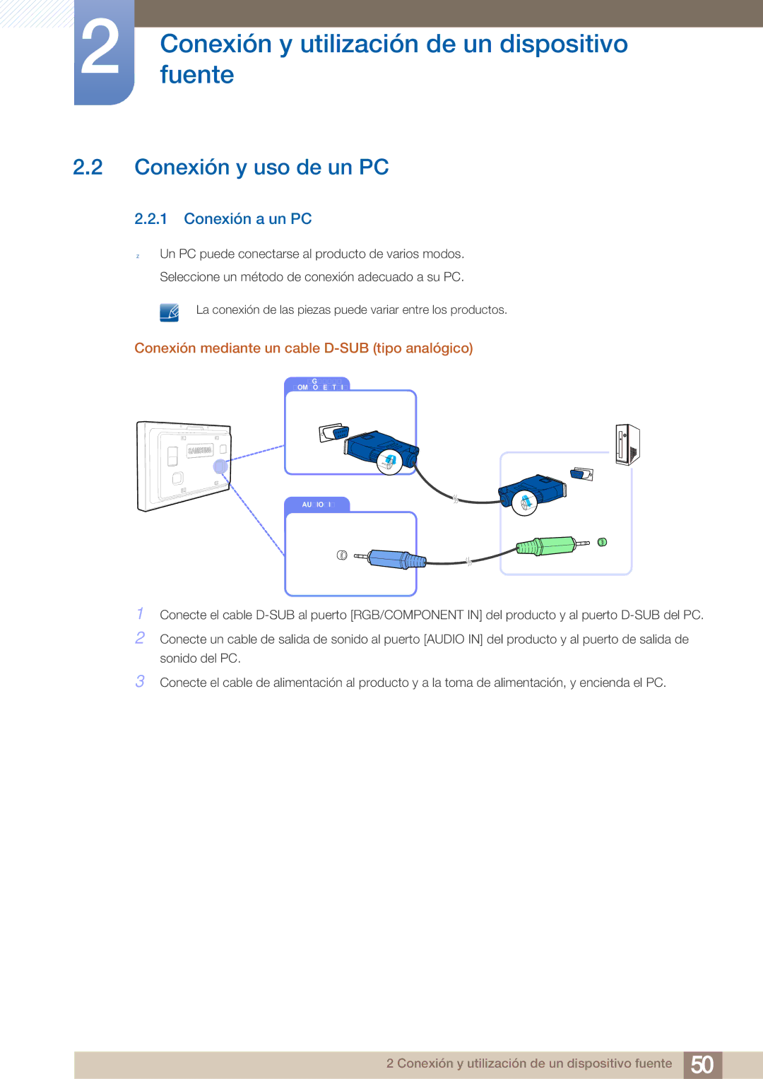 Samsung LH40ARPLBC/EN manual Conexión y uso de un PC, Conexión a un PC, Conexión mediante un cable D-SUB tipo analógico 