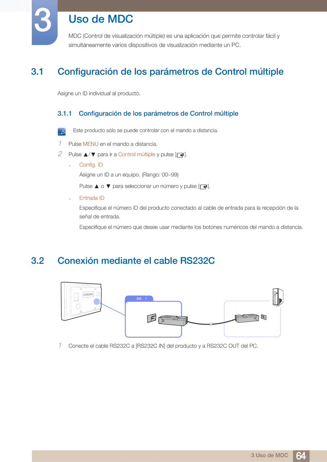 Samsung LH40ARPLBC/EN Configuración de los parámetros de Control múltiple, Conexión mediante el cable RS232C, Config. ID 