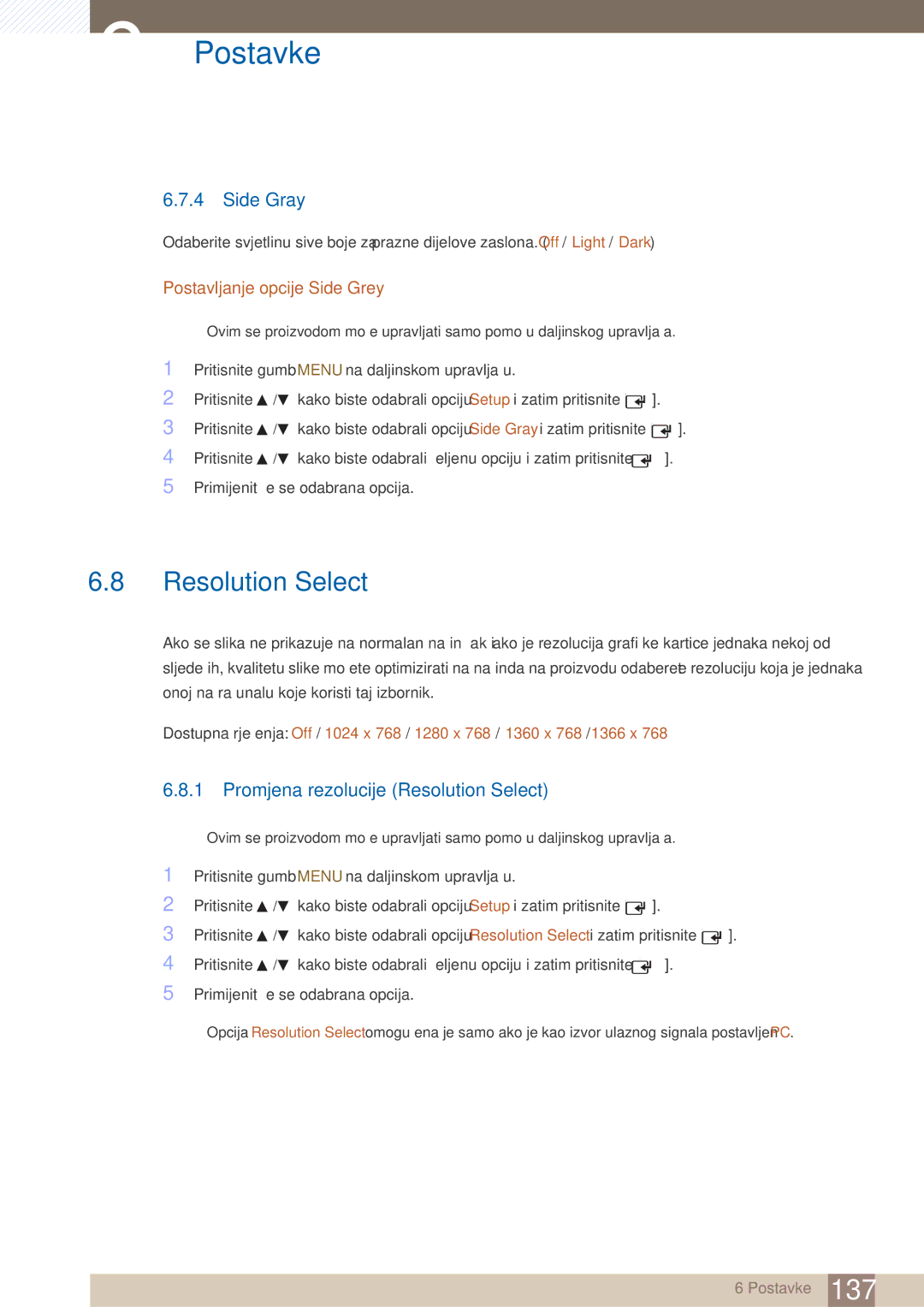 Samsung LH40ARPLBC/EN manual Side Gray, Promjena rezolucije Resolution Select, Postavljanje opcije Side Grey 