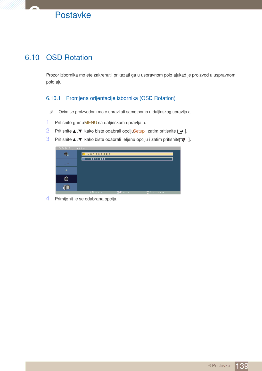 Samsung LH40ARPLBC/EN manual Promjena orijentacije izbornika OSD Rotation 