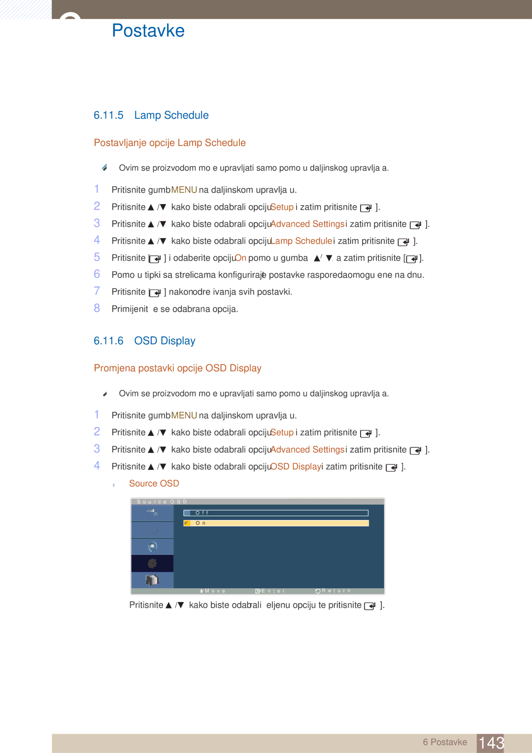 Samsung LH40ARPLBC/EN manual Postavljanje opcije Lamp Schedule, Promjena postavki opcije OSD Display, Source OSD 